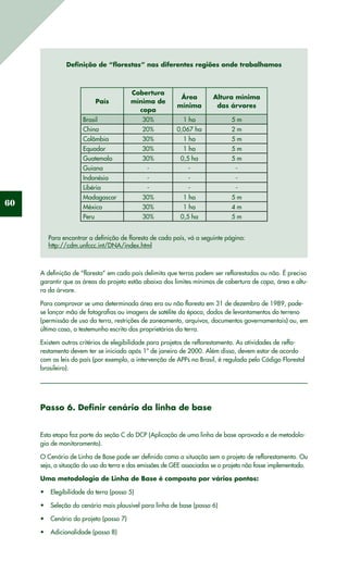 60
Definição de “florestas” nas diferentes regiões onde trabalhamos
País
Cobertura
mínima de
copa
Área
mínima
Altura mínima
das árvores
Brasil 30% 1 ha 5 m
China 20% 0,067 ha 2 m
Colômbia 30% 1 ha 5 m
Equador 30% 1 ha 5 m
Guatemala 30% 0,5 ha 5 m
Guiana - - -
Indonésia - - -
Libéria - - -
Madagascar 30% 1 ha 5 m
México 30% 1 ha 4 m
Peru 30% 0,5 ha 5 m
Para encontrar a definição de floresta de cada país, vá a seguinte página:
http://cdm.unfccc.int/DNA/index.html
A definição de “floresta” em cada país delimita que terras podem ser reflorestadas ou não. É preciso
garantir que as áreas do projeto estão abaixo dos limites mínimos de cobertura de copa, área e altu-
ra da árvore.
Para comprovar se uma determinada área era ou não floresta em 31 de dezembro de 1989, pode-
se lançar mão de fotografias ou imagens de satélite da época, dados de levantamentos do terreno
(permissão de uso da terra, restrições de zoneamento, arquivos, documentos governamentais) ou, em
último caso, o testemunho escrito dos proprietários da terra.
Existem outros critérios de elegibilidade para projetos de reflorestamento. As atividades de reflo-
restamento devem ter se iniciado após 1º de janeiro de 2000. Além disso, devem estar de acordo
com as leis do país (por exemplo, a intervenção de APPs no Brasil, é regulada pelo Código Florestal
brasileiro).
Passo 6. Definir cenário da linha de base
Esta etapa faz parte da seção C do DCP (Aplicação de uma linha de base aprovada e de metodolo-
gia de monitoramento).
O Cenário de Linha de Base pode ser definido como a situação sem o projeto de reflorestamento. Ou
seja, a situação do uso da terra e das emissões de GEE associadas se o projeto não fosse implementado.
Uma metodologia de Linha de Base é composta por vários pontos:
Elegibilidade da terra (passo 5)•	
Seleção do cenário mais plausível para linha de base (passo 6)•	
Cenário do projeto (passo 7)•	
Adicionalidade (passo 8)•	
 