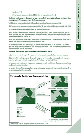 Capítulo1-AMataAtlânticaesuaLei
61
Paisagem original
Pasto
Café
Floresta
Rio
Agricultura
(ex: uso da terra permanece o mesmo)
(ex: pastos convertidos em cafezais,
que são mais rentáveis)
(ex: toda a terra ao norte do rio tem a
vegetação recuperada para cumprir novas leis)
1. Linha de base
estática (histórica)
2. Mais viável
economicamente
3. Mudanças no uso da
terra não motivadas
pela economia (ex: leis)
Um exemplo das três abordagens possíveis6
:
6. Adaptação do slide de Celia Harvey: Imbach, Martinez e Locatelli, CATIE
Fuga (passo 10)•	
Estimativa ex-ante da remoção de GEE devido ao projeto (passos 9-11)•	
Existem basicamente 3 maneiras para se definir a metodologia da Linha de Base
num projeto Florestamento / Reflorestamento:
a) Selecionar uma metodologia de linha de base específica (já aprovada pelo MDL);
b) Propor uma revisão de uma metodologia de linha de base existente (deve ser aprovada pelo MDL);
c) Escrever uma nova metodologia (deve ser aprovada pelo MDL).
Hoje, existem 10 metodologias aprovadas para projetos F/R (e outras sob consideração), que va-
riam por conta dos usos elegíveis da terra, reservatórios de C medidos, atividades incluídas, forma
de monitoramento do Carbono etc.
Para mais informações, visite: http://cdm.unfccc.int/methodologies/ARmethodologies/index.html e
http://cdm.unfccc.int/methodologies/SSCAR/index.html
É recomendável usar uma metodologia de linha de base já existente, se for aplicável. Se não for
possível, a segunda opção é revisar uma metodologia existente. Criar nova metodologia é extrema-
mente complexo e exige muito tempo.
Existem 3 maneiras para se estabelecer linhas de base:
a) pode ser uma continuação do uso corrente da terra e estoque de Carbono e emissões atuais;
b) pode incluir mudanças no uso da terra (e estoques de C e emissões associadas) motivadas por
considerações econômicas (ex.: agricultura, plantações, rodovias, indústrias);
c) pode ser uma mudança no uso da terra que é determinada por lei (ex.: reflorestamento, colheitas
de baixo impacto, migração).
A seleção deve ser feita usando o bom senso, optando por aquela mais provável e demonstrando as
evidências para justificar a escolha.
 