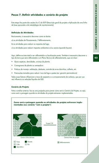 Capítulo1-AMataAtlânticaesuaLei
63
Pasto
Café
Agricultura
Floresta
Rio
Reflorestamento
Cenário linha de base Cenário linha do projeto
Projeto F/R
Passo 7. Definir atividades e cenário do projeto
Esta etapa faz parte das seções A e C do DCP (Descrição geral do projeto e Aplicação de uma linha
de base aprovada e de metodologia de monitoramento).
Definição de Atividades
Basicamente, é necessário descrever como se darão:
a) as atividades de Florestamento / Reflorestamento;
b) as atividades para reduzir os impactos de fuga;
c) as atividades para reduzir impactos ambientais e/ou sociais (quando houver).
Aqui, define-se área total a ser reflorestada e a localização exata. Também é necessário descrever o
tipo de terra que será reflorestada e um Plano Técnico de reflorestamento, que vai dizer:
Quais espécies, densidades, arranjo do plantio•	
Cronograma de plantio ou semeadura•	
Práticas de manejo: adubação, desbaste, controle de ervas daninhas, colheita, etc.•	
Precauções tomadas para reduzir risco de fogo e pestes (ex: garantir permanência)•	
Todos esses fatores influenciam a taxa de seqüestro e o armazenamento de carbono, que por sua
vez influencia as reduções líquidas de GEE.
Cenário do Projeto
Feita a análise anterior, faz-se uma projeção para prever como será o Cenário do Projeto, ou seja,
como será a paisagem quando as atividades do projeto estiverem implementadas.
Como será a paisagem quando as atividades do projeto estiverem imple-
mentadas (ex: cenário “com o projeto”)
 