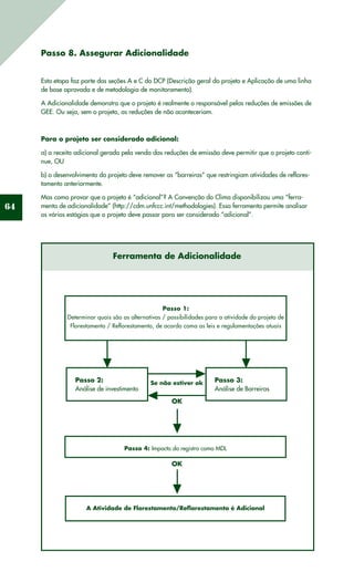64
Passo 8. Assegurar Adicionalidade
Esta etapa faz parte das seções A e C do DCP (Descrição geral do projeto e Aplicação de uma linha
de base aprovada e de metodologia de monitoramento).
A Adicionalidade demonstra que o projeto é realmente o responsável pelas reduções de emissões de
GEE. Ou seja, sem o projeto, as reduções de não aconteceriam.
Para o projeto ser considerado adicional:
a) a receita adicional gerada pela venda das reduções de emissão deve permitir que o projeto conti-
nue, OU
b) o desenvolvimento do projeto deve remover as “barreiras” que restringiam atividades de reflores-
tamento anteriormente.
Mas como provar que o projeto é “adicional”? A Convenção do Clima disponibilizou uma “ferra-
menta de adicionalidade” (http://cdm.unfccc.int/methodologies). Essa ferramenta permite analisar
os vários estágios que o projeto deve passar para ser considerado “adicional”.
Ferramenta de Adicionalidade
Passo 1:
Determinar quais são as alternativas / possibilidades para a atividade do projeto de
Florestamento / Reflorestamento, de acordo coma as leis e regulamentações atuais
Passo 2:
Análise de investimento
Passo 3:
Análise de Barreiras
Passo 4: Impacto do registro como MDL
A Atividade de Florestamento/Reflorestamento é Adicional
OK
OK
Se não estiver ok
 