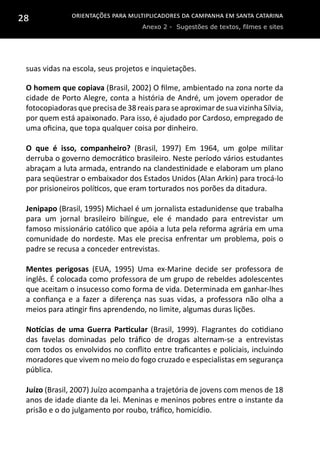 Orientações para multiplicadores da campanha em Santa Catarina
Anexo 2 - Sugestões de textos, filmes e sites
28
suas vidas na escola, seus projetos e inquietações.
O homem que copiava (Brasil, 2002) O filme, ambientado na zona norte da
cidade de Porto Alegre, conta a história de André, um jovem operador de
fotocopiadorasqueprecisade38reaisparaseaproximardesuavizinhaSílvia,
por quem está apaixonado. Para isso, é ajudado por Cardoso, empregado de
uma oficina, que topa qualquer coisa por dinheiro.
O que é isso, companheiro? (Brasil, 1997) Em 1964, um golpe militar
derruba o governo democrático brasileiro. Neste período vários estudantes
abraçam a luta armada, entrando na clandestinidade e elaboram um plano
para seqüestrar o embaixador dos Estados Unidos (Alan Arkin) para trocá-lo
por prisioneiros políticos, que eram torturados nos porões da ditadura.
Jenipapo (Brasil, 1995) Michael é um jornalista estadunidense que trabalha
para um jornal brasileiro bilíngue, ele é mandado para entrevistar um
famoso missionário católico que apóia a luta pela reforma agrária em uma
comunidade do nordeste. Mas ele precisa enfrentar um problema, pois o
padre se recusa a conceder entrevistas.
Mentes perigosas (EUA, 1995) Uma ex-Marine decide ser professora de
inglês. É colocada como professora de um grupo de rebeldes adolescentes
que aceitam o insucesso como forma de vida. Determinada em ganhar-lhes
a confiança e a fazer a diferença nas suas vidas, a professora não olha a
meios para atingir fins aprendendo, no limite, algumas duras lições.
Notícias de uma Guerra Particular (Brasil, 1999). Flagrantes do cotidiano
das favelas dominadas pelo tráfico de drogas alternam-se a entrevistas
com todos os envolvidos no conflito entre traficantes e policiais, incluindo
moradores que vivem no meio do fogo cruzado e especialistas em segurança
pública.
Juízo (Brasil, 2007) Juízo acompanha a trajetória de jovens com menos de 18
anos de idade diante da lei. Meninas e meninos pobres entre o instante da
prisão e o do julgamento por roubo, tráfico, homicídio.
 