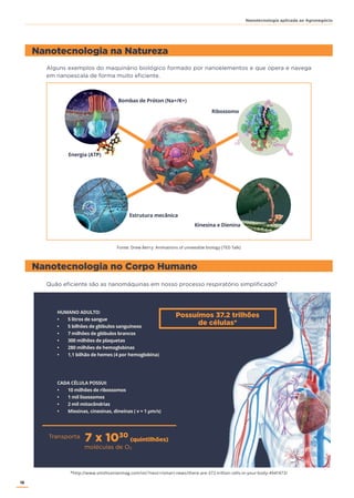 18
Nanotecnologia aplicada ao Agronegócio
Nanotecnologia na Natureza
Nanotecnologia no Corpo Humano
Fonte: Drew Berry: Animations of unseeable biology (TED Talk)
*http://www.smithsonianmag.com/ist/?next=/smart-news/there-are-372-trillion-cells-in-your-body-4941473/
HUMANO ADULTO:
• 5 litros de sangue
• 5 bilhões de glóbulos sanguíneos
• 7 milhões de glóbulos brancos
• 300 milhões de plaquetas
• 280 milhões de hemoglobinas
• 1,1 bilhão de hemes (4 por hemoglobina)
CADA CÉLULA POSSUI:
• 10 milhões de ribossomos
• 1 mil lisossomos
• 2 mil mitocôndrias
• Miosinas, cinesinas, dineínas ( v ≈ 1 µm/s)
Alguns exemplos do maquinário biológico formado por nanoelementos e que opera e navega
em nanoescala de forma muito eficiente.
Quão eficiente são as nanomáquinas em nosso processo respiratório simplificado?
 