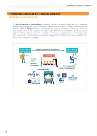 28
Nanotecnologia aplicada ao Agronegócio
Nanossegurança na cadeia de valor
Programa Nacional de Nanossegurança
O Programa Nacional de Nanossegurança estabelece a avaliação na cadeia de valor, em vez de uma única
avaliação de nanomateriais ou de nanoprodutos isoladamente. O programa propõe a implementação do
paradigma Safe by Design (Segurança pelo Projeto), que evidencia a segurança ocupacional e ambiental
durante todo o ciclo de uso, manuseio, manipulação e produção de nanomateriais para o desenvolvimento
de produtos para pesquisa acadêmica e indústrias. Está alinhado com os agentes de desenvolvimento e
agências reguladoras/fiscalizadoras, harmonizado com a legislação global direcionada pela Organização
para a Cooperação e Desenvolvimento Econômico (OCDE), e que responde aos desafios dos Objetivos de
Desenvolvimento Sustentável (ODS).
 