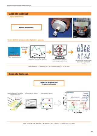 37
Nanotecnologia aplicada ao Agronegócio
Análise de Líquidos
Detecção de Pesticidas
Organofosforados
Língua Eletrônica
Caso de Sucesso
Caso de Sucesso
meio líquido transdução
do sinal
analito
Filme nanoestruturado
Capacitância(nF)
Diferentes unidades de detecção Processamento de dados
com Inteligência Artificial
doçura
salinidade
1 2 3 4 5 ... N
Fonte: Medeiros, E.S., Mattoso, L.H.C., et al. Sensor Letters 7, p. 24 -30, 2009.
Fonte: Facure, M. H. M., Mercante, L. A., Mattoso, L. H. C., Correa, D. S., Talanta, 2017, 167, 59-66.
Monitoramento simples, rápido,
e controle de qualidade de
bebidas.
Como definir a impressão digital do paladar
NANOSSENSORES DE ÓXIDO
DE GRAFENO (GO)
AQUISIÇÃO DE DADOS TRATAMENTO DADOS
 