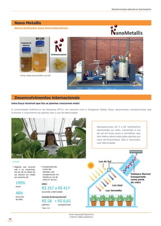 42
Nanotecnologia aplicada ao Agronegócio
Nano Metallis
Desenvolvimentos Internacionais
Nanocatalisador para biocombustíveis
Fonte: www.nanometallis.com.br/
Fonte: Nanyang Polytechnic
STRAITS TIMES GRAPHICS
Uma força invisível que faz as plantas crescerem mais!
A Universidade Politécnica de Nanyang (NTU), em parceria com a Singapore Safety Glass, desenvolveu nanopartículas que
turbinam o crescimento de plantas sem o uso de eletricidade.
Nanopartículas de 3 a 20 nanômetros
adicionadas ao vidro, convertem a luz
do sol em luzes azuis e vermelhas, que
são melhor absorvidas pelas plantas por
meio da fotossíntese. Não é necessário
usar eletricidade.
Polímero flexível
transparente
como parte
do vidro
Luz do Sol
Luz Azul
Luz Vermelha
Nanopartículas
ESTUFA
• Vegetais que crescem
sob a luz convertida,
em vez de luz direta do
sol, tiveram em média
um aumento de:
190%
maior
40%
mais	
  área	
  
de	
  folha
LEDs:
R$	
  257	
  a	
  R$	
  417
excluindo	
  a	
  eletricidade
Camada	
  de	
  Nanopartículas:
R$	
  58	
  	
  	
  +	
  R$	
  0,65
polímero	
  	
  	
  	
  	
  	
  	
  	
  	
  	
   nanopartículas
• Comparação	
  dos	
  
custos	
  dos	
  
métodos	
  com	
  
nanopartículas	
  em	
  
relação	
  ao	
  uso	
  de	
  
LEDs (m2 de	
  luz):
*dólar:	
  3,21
*
*
 