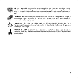 INFRA-ESTRUTURA: constituído por cooperativas que tem por finalidade prestar
coletivamente serviços de que o quadro social necessita, tais como irrigação, energia
elétrica, podendo denominar-se Cooperativa de Energia Rural, Cooperativa de Irrigação,
etc.
TRANSPORTE: constituído por cooperativas que atuam no transporte de cargas e
passageiros, cuja denominação poderá ser: Cooperativa dos Transportadores,
Cooperativa de Passageiros, etc.
TRABALHO: constituído por cooperativas de profissionais que prestam serviços a
terceiros, podendo denominar-se Cooperativa de Engenheiros Agrônomos, Cooperativa
de Serviços em Energia.
TURISMO E LAZER: constituído por cooperativas prestadoras de serviços turísticos,
artísticos, hotelaria, entretenimento e esportes atendendo direta e prioritariamente seu
quadro social.
9
 