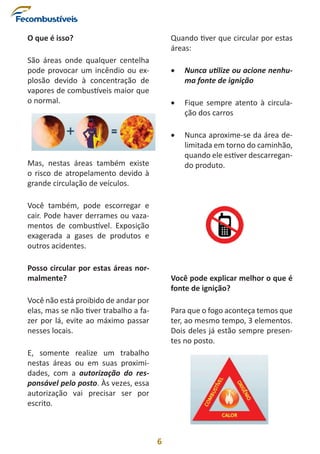 6
O que é isso?
São áreas onde qualquer centelha
pode provocar um incêndio ou ex-
plosão devido à concentração de
vapores de combustíveis maior que
o normal.
Mas, nestas áreas também existe
o risco de atropelamento devido à
grande circulação de veículos.
Você também, pode escorregar e
cair. Pode haver derrames ou vaza-
mentos de combustível. Exposição
exagerada a gases de produtos e
outros acidentes.
Posso circular por estas áreas nor-
malmente?
Você não está proibido de andar por
elas, mas se não tiver trabalho a fa-
zer por lá, evite ao máximo passar
nesses locais.
E, somente realize um trabalho
nestas áreas ou em suas proximi-
dades, com a autorização do res-
ponsável pelo posto. Às vezes, essa
autorização vai precisar ser por
escrito.
Quando tiver que circular por estas
áreas:
•	 Nunca utilize ou acione nenhu-
ma fonte de ignição
•	 Fique sempre atento à circula-
ção dos carros
•	 Nunca aproxime-se da área de-
limitada em torno do caminhão,
quando ele estiver descarregan-
do produto.
Você pode explicar melhor o que é
fonte de ignição?
Para que o fogo aconteça temos que
ter, ao mesmo tempo, 3 elementos.
Dois deles já estão sempre presen-
tes no posto.
 
