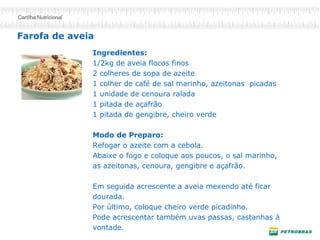 Farofa de aveia
Ingredientes:
1/2kg de aveia flocos finos
2 colheres de sopa de azeite
1 colher de café de sal marinho, azeitonas picadas
1 unidade de cenoura ralada
1 pitada de açafrão
1 pitada de gengibre, cheiro verde
Modo de Preparo:
Refogar o azeite com a cebola.
Abaixe o fogo e coloque aos poucos, o sal marinho,
as azeitonas, cenoura, gengibre e açafrão.
Em seguida acrescente a aveia mexendo até ficar
dourada.
Por último, coloque cheiro verde picadinho.
Pode acrescentar também uvas passas, castanhas á
vontade.
 