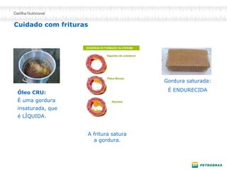 Óleo CRU: 
Éuma gordura 
insaturada, que 
éLÍQUIDA. 
A fritura satura a gordura. 
Gordura saturada: 
É ENDURECIDA 
Cuidado com frituras  