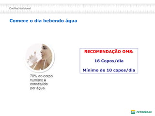 Comece o dia bebendo água 
RECOMENDAÇÃO OMS: 
16 Copos/dia 
Mínimo de 10 copos/dia  