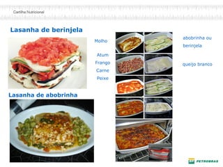 Atum 
Frango 
Carne 
Peixe 
Molho 
abobrinha ou 
berinjela 
queijo branco 
Lasanha de abobrinha 
Lasanha de berinjela  