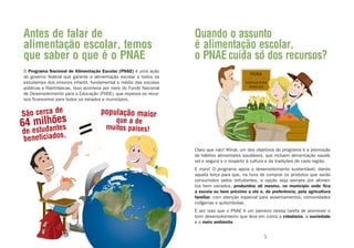 Antes de falar de                                                    Quando o assunto
alimentação escolar, temos                                           é alimentação escolar,
que saber o que é o PNAE                                             o PNAE cuida só dos recursos?
O Programa Nacional de Alimentação Escolar (PNAE) é uma ação
do governo federal que garante a alimentação escolar a todos os
estudantes dos ensinos infantil, fundamental e médio das escolas
públicas e filantrópicas. Isso acontece por meio do Fundo Nacional
de Desenvolvimento para a Educação (FNDE), que repassa os recur-
sos financeiros para todos os estados e municípios.


São cerca de                         população maior
64 mildaõtes
      h
        n es
                                          que a de
                                        muitos países!
de estu     ,
beneficiados
                                                                     Claro que não! Afinal, um dos objetivos do programa é a promoção
                                                                     de hábitos alimentares saudáveis, que incluem alimentação saudá-
                                                                     vel e segura e o respeito à cultura e às tradições de cada região.
                                                                     E mais! O programa apoia o desenvolvimento sustentável, dando
                                                                     aquela força para que, na hora de comprar os produtos que serão
                                                                     consumidos pelos estudantes, a opção seja sempre por alimen-
                                                                     tos bem variados, produzidos ali mesmo, no município onde fica
                                                                     a escola ou bem próximo a ele e, de preferência, pela agricultura
                                                                     familiar, com atenção especial para assentamentos, comunidades
                                                                     indígenas e quilombolas.
                                                                     É por isso que o PNAE é um parceiro nessa tarefa de promover o
                                                                     bom desenvolvimento que leva em conta a cidadania, a sociedade
                                                                     e o meio ambiente.


                              4                                                                       5
 