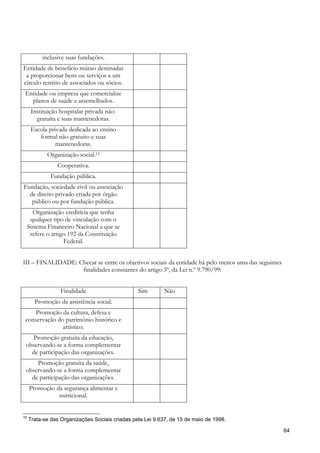 inclusive suas fundações.
Entidade de benefício mútuo destinadas
 a proporcionar bens ou serviços a um
círculo restrito de associados ou sócios.
 Entidade ou empresa que comercialize
   planos de saúde e assemelhados.
      Instituição hospitalar privada não-
        gratuita e suas mantenedoras.
      Escola privada dedicada ao ensino
         formal não-gratuito e suas
                mantenedoras.
            Organização social.15
                Cooperativa.
              Fundação pública.
Fundação, sociedade civil ou associação
  de direito privado criada por órgão
   público ou por fundação pública.
       Organização creditícia que tenha
      qualquer tipo de vinculação com o
     Sistema Financeiro Nacional a que se
      refere o artigo 192 da Constituição
                    Federal.


III – FINALIDADE: Checar se entre os objetivos sociais da entidade há pelo menos uma das seguintes
                   finalidades constantes do artigo 3º, da Lei n.º 9.790/99:


                  Finalidade                     Sim        Não
       Promoção da assistência social.
    Promoção da cultura, defesa e
 conservação do patrimônio histórico e
               artístico.
   Promoção gratuita da educação,
 observando-se a forma complementar
   de participação das organizações.
     Promoção gratuita da saúde,
 observando-se a forma complementar
   de participação das organizações.
     Promoção da segurança alimentar e
               nutricional.


15
     Trata-se das Organizações Sociais criadas pela Lei 9.637, de 15 de maio de 1998.

                                                                                                     64
 