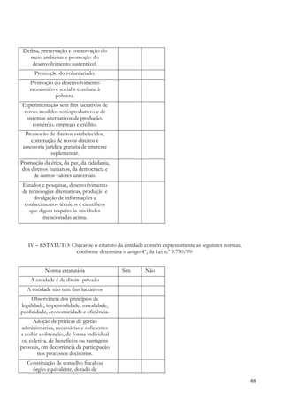 Defesa, preservação e conservação do
    meio ambiente e promoção do
    desenvolvimento sustentável.
      Promoção do voluntariado.
    Promoção do desenvolvimento
    econômico e social e combate à
              pobreza.
Experimentação sem fins lucrativos de
 novos modelos socioprodutivos e de
  sistemas alternativos de produção,
     comércio, emprego e crédito.
  Promoção de direitos estabelecidos,
     construção de novos direitos e
 assessoria jurídica gratuita de interesse
              suplementar.
Promoção da ética, da paz, da cidadania,
 dos direitos humanos, da democracia e
      de outros valores universais.
Estudos e pesquisas, desenvolvimento
de tecnologias alternativas, produção e
     divulgação de informações e
 conhecimentos técnicos e científicos
   que digam respeito às atividades
         mencionadas acima.



   IV – ESTATUTO: Checar se o estatuto da entidade contém expressamente as seguintes normas,
                   conforme determina o artigo 4º, da Lei n.º 9.790/99:


           Norma estatutária                 Sim   Não
    A entidade é de direito privado
   A entidade não tem fins lucrativos
     Observância dos princípios de
legalidade, impessoalidade, moralidade,
publicidade, economicidade e eficiência.
      Adoção de práticas de gestão
 administrativa, necessárias e suficientes
a coibir a obtenção, de forma individual
 ou coletiva, de benefícios ou vantagens
pessoais, em decorrência da participação
        nos processos decisórios.
   Constituição de conselho fiscal ou
     órgão equivalente, dotado de

                                                                                               65
 