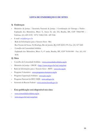 LISTA DE ENDEREÇOS E DE SITES


1) Endereços
-   Ministério da Justiça / Secretaria Nacional de Justiça / Coordenação de Outorga e Títulos -
    Esplanada dos Ministérios, Bloco T, Anexo II, sala 323, Brasília, DF, CEP 70064-900 –
    Telefone: (61)-429-3139/ 3573/ 9188, FAX : 429 3546
-   E-mail: oscip@mj.gov.br
-   Rede de Informações para o Terceiro Setor - Rits
    Rua Vicente de Souza, 34, Botafogo, Rio de Janeiro, RJ, CEP 22251-070. Fax: (21) 527 5685
-   Conselho da Comunidade Solidária
    Esplanada dos Ministérios, Bloco A, 4º andar, Brasília, DF, CEP 70.054-900 - Fax: (61) 411
    4636
2) Sites
-   Conselho da Comunidade Solidária – www.comunidadesolidaria.org.br
-   Ministério da Justiça - OSCIP – http://www.mj.gov.br/snj/oscip.htm
-   Rede de Informações para o Terceiro Setor – RITS – www.rits.org.br
-   Programa Voluntários - www.programavoluntarios.org.br
-   Programa Capacitação Solidária - www.pcs.org.br
-   Programa Nacional de DST/AIDS - www.aids.gov.br
-   Secretaria da Receita Federal – www.receita.fazenda.gov.br


-   Esta publicação está disponível nos sites:
-   www.comunidadesolidaria.org.br
-   www.mj.gov.br/snj/oscip.htm




                                                                                                69
 