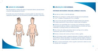 LOCAIS DE APLICAÇÃO:                                                            APLICAÇÃO COM SERINGA:
     Para não prejudicar o tecido subcutâneo, é importante alternar periodicamente
     o local em cada aplicação de insulina.                                          MATERIAIS NECESSÁRIOS: INSULINA, SERINGA E AGULHA.

     De acordo com o local de aplicação, as insulinas podem ser absorvidas mais        Lave bem as mãos e o local de aplicação.
     rapidamente (abdome) ou mais lentamente (membros superiores e inferiores).
                                                                                       Verifique se a seringa é a correta, pois há seringas que são graduadas
                                                                                     de 1 em 1 unidade e há aquelas de 2 em 2 unidades.

                                                                                       Se usar insulina de ação intermediária de aspecto leitoso (por exemplo,
                                                                                     NPH), agite suavemente o frasco até que o líquido fique homogêneo.

                                                                                        Introduza uma quantidade de ar na seringa, que corresponda à dose de
                                                                                     insulina prescrita pelo seu médico, e injete lentamente o ar dentro do frasco,
                                                                                     mantendo-o na posição vertical, em frente aos olhos.

                                                                                       Vire o frasco de cabeça para baixo, bata na seringa com os dedos,
                                                                                     suavemente, para retirar as bolhas de ar.

                                                                                       Devolva o excesso de insulina ao frasco e retire a agulha.

                                                                                       Faça uma prega na pele na região da aplicação e introduza a agulha em ân-
                                                                                     gulo de 90º no tecido subcutâneo. Em crianças e pessoas magras, introduza a
                                                                                     agulha a 45º no tecido subcutâneo. A prega deve ser solta antes da aplicação.

                                                                                       Injete a insulina lentamente, retire a agulha e pressione o dedo no local
                                                                                     da injeção (sem massagear).

34                                                                                                                                                                    35
 