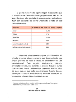 O quadro abaixo mostra a porcentagem de estudantes que
já fizeram uso de cada uma das drogas pelo menos uma vez na
vida. Os dados são resultado de uma pesquisa, realizada em
1997, com estudantes de ensino fundamental e médio em dez
capitais brasileiras.*
DROGAS PORCENTAGEM DE ALUNOS QUE USARAM
Álcool 51,2%
Tabaco 11%
Solventes 13,8%
Maconha 7,6%
Ansiolíticos (calmantes) 5,8%
Anfetamínicos (estimulantes) 4,4%
O trabalho do professor deve dirigir-se, prioritariamente, ao
primeiro grupo de alunos: a maioria que, tipicamente,não usa
drogas (no caso de álcool e tabaco, só experimentou ou usa
eventualmente). Esse trabalho, tecnicamente chamado
prevenção universal, visa aumentar as chances de que os alunos
que não usam drogas continuem não usando ou adiem o início
do uso e que, os que estão experimentando álcool e tabaco,
parem por aí e não se arrisquem mais, diminuam o consumo ou
aprendam a evitar os riscos associados ao uso.
* Pesquisa realizada pelo Centro Brasileiro de Informações sobre Drogas Psicotrópicas –
CEBRID da Universidade Federal de São Paulo
24
Série: Por Dentro do Assunto
 
