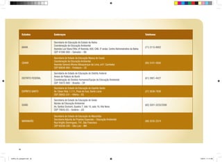 Estados

Endereços

Telefones

BAHIA

Secretaria de Educação do Estado da Bahia
Coordenação de Educação Ambiental
Avenida Luiz Viana Filho, 6ª Avenida, 600, CAB, 5º andar, Centro Administrativo da Bahia
CEP 41946-900 – Salvador – BA

(71) 3115-8952

CEARÁ

Secretaria de Estado da Educação Básica do Ceará
Coordenação de Educação Ambiental
Avenida General Afonso Albuquerque de Lima, s/nº, Cambeba
CEP 60839-900 – Fortaleza – CE

(85) 3101-3930

DISTRITO FEDERAL

Secretaria de Estado de Educação do Distrito Federal
Anexo do Palácio do Buriti
Coordenação de Direitos Humanos/Equipe de Educação Ambiental
CEP 70075-900 – Brasília – DF

(61) 3901-4427

ESPÍRITO SANTO

Secretaria de Estado da Educação do Espírito Santo
Av. César Hilal, 1.111, Praia do Suá, Santa Lúcia
CEP 29052-231 – Vitória – ES

(27) 3636-7838

GOIÁS

Secretaria de Estado da Educação de Goiás
Núcleo de Educação Ambiental
Av. Santos Dumont, Quadra 7, lote 10, sala 16, Vila Nova
CEP 74643-03 – Goiânia – GO

(62) 3201-3233/3288

MARANHÃO

Secretaria de Estado da Educação do Maranhão
Secretaria Adjunta de Projetos Especiais – Educação Ambiental
Rua Virgílio Domingues, 741, São Francisco
CEP 65030-330 – São Luís – MA

(98) 3235-2574

46

cartilha_A4_paisagem.indd 46

1/28/13 11:14 AM

 