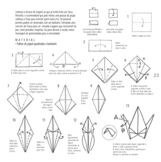 conheça a técnica de origami ou que já tenha feito um Tsuru.
Portanto, é recomendável que pelo menos uma pessoa do grupo
conheça o Tsuru para orientar quem nunca fez. Os pássaros
prontos podem ser amarrados com um barbante, formando uma
corrente de Tsurus para ser enviada a lugares que necessitam de
paz, como presídios, hospitais. Ou para decorar a escola, numa
mensagem de generosidade para a comunidade.

MATERIAL
• Folhas de papel quadradas e barbante

3

1

Uma linha pontilhada e
tracejada indica dobra
MONTANHA.

2

Uma linha tracejada
indica dobra VALE.
Dobre o papel ao meio.
Dobre
novamente ao
meio e volte.

4
5

A. Dobre para o centro seguindo a linha.
B. Dobre para trás.

Coloque o dedo por dentro, no local indicado
pela seta, abra e junte as pontas A e B.

Levante a ponta
observando as linhas:
montanha e vale (veja
a figura seguinte).

7

8

Dobre as
duas abas
superiores
para o
centro.

11

Dobre as
abas
inferiores
para trás.

23
9

Verifique
se o seu
trabalho
ficou
assim.

Repita o
procedimento
da etapa 7,
para o outro
lado.

10

6

Dobre os dois
lados para o
centro seguindo
a linha.

A. Dobre essa ponta
seguindo a linha e volte.
B. Abra as duas abas que
foram dobradas na etapa 5.

13

12

Abra
ligeiramente
cada lado da
figura,
levantando as
pontas para
cima, conforme
as setas.

A. Dobre a ponta para baixo, seguindo a
linha, e volte à posição inicial.
B. Faça o bico embutindo a ponta para
dentro do vinco.
Observe o desenho no detalhe.

 