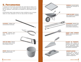 5. Ferramentas
A utilização das ferramentas apropriadas para cada etapa de serviço é importante para o bom desempenho das atividades. Algumas ferramentas
têm uso especifico, outras podem ser utilizadas em varias etapas da construção.
As ferramentas devem estar sempre em boas condições de uso e ser guardadas em locais adequados ao final de cada jornada de trabalho.

CARTILHA DO PEDREIRO

13

CARTILHA DO PEDREIRO

13

 
