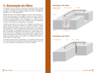 7. Escavação da Obra 
A escavação da obra consiste nos serviços de abertura de furos ou valas 
no terreno na posição onde será construída a fundação. Para realizar a 
escavação é necessário que o gabarito esteja pronto com a marcação das 
paredes e com o nível estabelecido. 
Através das linhas de marcação do gabarito (linha de eixo de paredes, li-nha 
de face das paredes e da fundação) marca-se no terreno a área ou 
os furos onde será escavado, utilizando-se para isto um cavador reto, ob-servando- 
se nesta operação, a sua verticalidade ou o prumo de centro, 
no caso da escavação de furos. Com a referência de nível estabelecida 
(linha de nível) marca-se a profundidade da escavação. 
A abertura das valas ou furos é feita com a utilização de picaretas, cava-dores 
e trados, a remoção do material com os pás e enxadas e a regula-rização 
das faces das valas ou furos com o cavador reto. Com o prumo de 
face encostado na linha de marcação das valas obtém-se a verticalização 
das faces (bordas). Na escavação dos furos, faz-se na medida que se es-cava, 
a verificação da prumada do trado para que o mesmo esteja em di-reção 
vertical. Com a utilização de uma escala medindo a altura da linha 
de eixo de parede (que é também a linha de nível pois o gabarito está ni-velado) 
até a base da vala ou furo, obtém-se o nivelamento da base con-forme 
indicado na figura abaixo. 
O material escavado deve ser depositado a uma distância mínima de 50 
cm da borda da vala, permanecendo neste local até ser utilizado como ater-ro 
ou ser removido da construção caso não tenha utilidade. 
Escavação com Valas 
Escavação com Furos 
CARTILHA DO PEDREIRO CARTILHA DO PEDREIRO 
19 19 
 