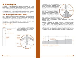 8. Fundação 
A fundação é a base de sustentação de toda a construção, tem a impor-tante 
função de transmitir ao terreno todo o seu peso. Existem vários ti-pos 
de fundação: sapatas soldadas ou corridas, alvenaria de pedra, blocos 
de concreto, estacas metálicas e de concreto armado, etc.. 
A escolha do tipo de fundação depende de estudos iniciais da resistência 
do solo no local da construção e das cargas (peso) da construção. 
8.1. Fundação em Estaca Broca 
Com o gabarito construído, localizam-se os pregos de marcação das pare-des 
da casa e divide-se ao meio (7,5 cm de distância dos pregos) em se-guida, 
fixamos um prego neste ponto obtendo-se assim o eixo da parede. 
Amarramos uma linha de um prego de eixo ao outro de uma mesma pare-de 
e fazemos o mesmo para a parede que a encontra no mesmo canto. 
No cruzamento das linhas é encontrado o eixo das estacas. 
Locação de estacas 
O eixo das estacas é transportado para 
o terreno através do prumo de centro ob-tendo- 
se a marcação do local onde a 
mesma será construída. 
A escavação é feita com a utilização de um 
trado (ver assunto de escavação) iniciada 
na parte mais baixa do terreno. A profun-didade 
da primeira estaca é determina-da 
medindo-se a altura entre a linha de 
nível (que é a mesma do eixo das pa-redes) 
até a marcação da estaca no 
chão, acrescentando-se a altura da es-taca. 
Esta profundidade é a altura en-tre 
a linha de nível e o fundo da estaca 
e será a mesma para todas as outras es-tacas. 
Ou seja, se uma estaca tiver a profun-didade 
de 2m, e se a distância da linha de nível ao 
terreno for 35cm, a profundidade de todas as valas será de 2,35m, a par-tir 
da linha de nível. 
Realizadas a escavação das estacas, prepara-se o concreto com traço 
1:3,5:4 de cimento, areia e brita e lança-se um pouco no fundo das mes-mas 
até a altura de 4 cm. Coloca-se a ferragem das estacas do início e 
do fim de uma parede com espaçadores e aprumam-se as ferragens em 
relação ao cruzamento das linhas de eixo. Alinham-se as estacas interme-diárias 
de acordo com as das extremidades, lança-se concreto nos furos 
e vibra (soca) com um pedaço de vergalhão até chegar ao nível da estaca. 
CARTILHA DO PEDREIRO CARTILHA DO PEDREIRO 
20 20 
 