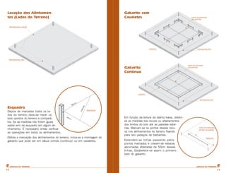 Locação dos Alinhamen-tos 
(Lados do Terreno) 
Esquadro 
Depois de marcados todos os la-dos 
do terreno deve-se medir os 
lado opostos do terreno e compará-los. 
Se as medidas não forem iguais 
existe erro de esquadro em algum ali-nhamento. 
É necessário então verificar 
as operações em todos os alinhamentos. 
Obtida a marcação dos alinhamentos do terreno, inicia-se a montagem do 
gabarito que pode ser em tábua corrida (contínuo) ou em cavaletes. 
Gabarito com 
Cavaletes 
Gabarito 
Contínuo 
Em função da leitura da planta baixa, obtém-se 
as medidas dos recuos ou afastamentos 
dos limites do lote até as paredes exter-nas. 
Marcam-se os pontos desses recu-os 
nos alinhamentos do terreno fixando 
para isto pedaços de barbantes. 
Estendem-se linhas passando pelos 
pontos marcados e cravam-se estacas 
aprumadas afastadas de 50cm dessas 
linhas. Estabelece-se assim o primeiro 
lado do gabarito. 
CARTILHA DO PEDREIRO CARTILHA DO PEDREIRO 
17 17 
 