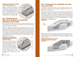 Detalhe da Alvenaria de Bloco 
de Concreto Estrutural 
Depois de completar a alvenaria é ne-cessário 
encher os furos dos blocos 
com concreto no traço 1:3,5:4 de ci-mento, 
areia e gravilhão (brita 0). 
Quando há ferragem vertical na sa-pata, 
os blocos estruturais devem 
ser assentados de forma que esta 
ferragem fique dentro destes furos. 
8.6. Construção de 
Alvenaria de Bloco de Concreto 
Estrutural Tipo Calha 
Os blocos calhas são blocos de concreto pré-moldados, fabricados da mes-ma 
forma que o bloco estrutural. São utilizados como cinta de amarração 
(vigas) de fundações ou paredes. 
Sobre uma alvenaria de blocos estruturais assentam-se 2 (dois) blocos 
calhas nas extremidades (cabeceiras), aprumados na mesma face que foi 
aprumado o bloco estrutural com argamassa de cimento e areia no traço 
de 1:5. Fixa-se uma linha entre os blocos, na parte de cima dos mesmos 
e completa-se a fiada assentando-se os demais blocos calhas, colocan-do- 
se a argamassa da junta horizontal em cima da fiada de bloco estrutu-ral 
posicionando-os através da operação de alinhamento ou seja 
encostado-os na linha. 
Detalhe da Prumada do 
Nivelamento da Alvenaria 
de Bloco Calha 
Construída a alvenaria de bloco 
calha, colocam-se as ferragens 
nas calhas, prepara-se um con-creto 
no traço 1:3,5:4 de ci-mento, 
areia e gravilhão (brita 0) 
e lança-o sobre a calha. Espalha-se 
o concreto com a colher de 
pedreiro e vibra (soca) o mesmo 
com uma haste de ferro ou com a 
ponta da colher de pedreiro até a altura 
do bloco. 
8.7. Construção de Fundação em Alve-naria 
de Pedra 
A fundação em alvenaria de pedra é um tipo fundação construída em ter-renos 
firmes e resistentes. É constituída de pedras bruta unidas com ar-gamassa 
de cimento e areia. 
A construção é feita sobre a base da vala, colocando-se uma camada de 
argamassa no traço 1:5 de cimento e areia e sobre esta camada as pe-dras, 
de modo que fiquem todas bem assentadas e posicionadas para que 
as brechas (vazios) sejam reduzidos ao máximo. Nos espaços existentes 
entre as pedras grandes são colocadas pedras pequenas e nos demais 
espaços coloca-se argamassa de forma que a mesma penetre nos vazios. 
Detalhe da 1ª Camada da 
Alvenaria 
Quando a alvenaria estiver fora da vala, devem-se utilizar pedras que te-nham 
pelo menos uma face regularizada para alinhar a fundação. A cons-trução 
é feita em camadas e alcançando-se a altura da fundação, nivela-se 
a última camada. 
Detalhe de Todas as Camadas 
da Fundação de Alvenaria 
de Pedra 
CARTILHA DO PEDREIRO CARTILHA DO PEDREIRO 
23 23 
 