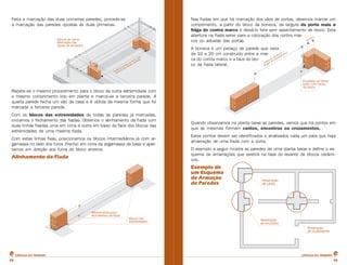 Feita a marcação das duas primeiras paredes, procede-se 
a marcação das paredes opostas às duas primeiras. 
Repete-se o mesmo procedimento para o bloco da outra extremidade com 
o mesmo comprimento lido em planta e marca-se a terceira parede. A 
quarta parede fecha um vão da casa e é obtida da mesma forma que foi 
marcada a terceira parede. 
Com os blocos das extremidades de todas as paredes já marcadas, 
iniciamos o fechamento das fiadas. Obtemos o alinhamento da fiada com 
duas linhas fixadas uma em cima e outra em baixo da face dos blocos das 
extremidades de uma mesma fiada. 
Com estas linhas fixas, posicionamos os blocos intermediários já com ar-gamassa 
no lado dos furos (frente) em cima da argamassa da base e aper-tamos 
em direção aos furos do bloco anterior. 
Alinhamento da Fiada 
Nas fiadas em que há marcação dos vãos de portas, devemos marcar um 
comprimento, a partir do bloco da boneca, da largura da porta mais a 
folga do contra marco e deixá-lo livre sem assentamento de bloco. Esta 
abertura na fiada serve para a colocação dos contra mar-cos 
ou aduelas das portas. 
A boneca é um pedaço de parede que varia 
de 10 a 20 cm construído entre a mar-ca 
do contra marco e a face do blo-co 
da fiada lateral. 
Quando observamos na planta baixa as paredes, vemos que há pontos em 
que as mesmas formam cantos, encontros ou cruzamentos. 
Estes pontos devem ser identificados e analisados cada um para que haja 
amarração de uma fiada com a outra. 
O exemplo a seguir mostra as paredes de uma planta baixa e define o es-quema 
de amarrações que existirá na fase do levante de blocos cerâmi-cos. 
Exemplo de 
um Esquema 
de Armação 
de Paredes 
CARTILHA DO PEDREIRO CARTILHA DO PEDREIRO 
25 25 
 