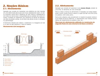 2. Noções Básicas 
2.1. Nivelamento 
Operação que consiste em transportar uma referência de nível marcada 
em uma determinada altura para outro local, estabelecendo assim um pla-no 
horizontal. Numa obra a referência de nível (marca) é estabelecida a 
1,0 metro do nível do piso e transportada para as paredes dos outros cô-modos. 
É através do nivelamento que marcamos as alturas da alvenaria, 
dos vãos de janelas e portas, do pé direito das alturas do piso e contrapiso 
na pavimentação. 
A ferramenta utilizada para realizar o nivelamento é a mangueira de nível 
e no caso de vãos pequenos o nível de madeira. 
Nivelamento com mangueira: 
2.2. Alinhamento 
Operação que consiste em posicionar numa mesma direção, através de 
uma linha, os elementos de uma construção. 
Para se utilizar a técnica do alinhamento é necessário que esteja estabe-lecido 
o ponto inicial e final do mesmo e a partir daí fixar uma linha (linha 
de pedreiro) entre estes ponto. 
Numa obra utilizamos este procedimento no levante de parede construin-do 
as fiadas de blocos cerâmicos, no assentamento das mestras interme-diárias 
dos revestimentos de parede e piso, etc.. 
Operação de alinhamento utilizado na construção da 
segunda fiada de uma alvenaria de bloco cerâmico: 
CARTILHA DO PEDREIRO CARTILHA DO PEDREIRO 
4 4 
 