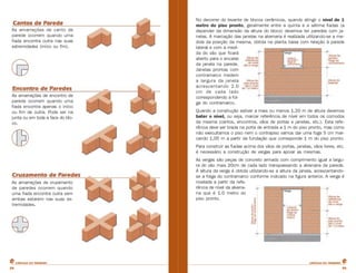 CARTILHA DO PEDREIROCARTILHA DO PEDREIRO
2626
As amarrações de canto de
parede ocorrem quando uma
fiada encontra outra nas suas
extremidades (início ou fim).
As amarrações de encontro de
parede ocorrem quando uma
fiada encontra apenas o início
ou fim de outra. Pode ser na
junta ou em toda a face do blo-
co.
As amarrações de cruzamento
de paredes ocorrem quando
uma fiada encontra outra sem
ambas estarem nas suas ex-
tremidades.
No decorrer do levante de blocos cerâmicos, quando atingir o nível de 1
metro do piso pronto, geralmente entre a quinta e a sétima fiadas (a
depender da dimensão da altura do bloco) devemos ter paredes com ja-
nelas. A marcação das janelas na alvenaria é realizada utilizando-se a me-
dida da posição da mesma, obtida na planta baixa com relação à parede
lateral e com a medi-
da do vão que ficará
aberto para o encaixe
da janela na parede.
Janelas prontas com
contramarco medem
a largura da janela
acrescentando 2.0
cm de cada lado
correspondendo a fol-
ga do contramarco.
Quando a construção estiver a mais ou menos 1,20 m de altura devemos
bater o nível, ou seja, marcar referência de nível em todos os comodos
da mesma (cantos, encontros, vãos de portas e janelas, etc.). Esta refe-
rência deve ser tirada na porta de entrada a 1 m do piso pronto, mas como
não execultamos o piso nem o contrapiso vamos dar uma foga 5 cm mar-
cando 1,05 m a partir da fundação que corresponde 1 m do piso pronto.
Para construir as fiadas acima dos vãos de portas, janelas, vãos livres, etc.
é necessário a construção de vergas para apoiar as mesmas.
As vergas são peças de concreto armado com comprimento igual a largu-
ra do vão mais 20cm de cada lado transpassando a alvenaria da parede.
A altura da verga é obtida utilizando-se a altura da janela, acrescentando-
se a folga do contramarco conforme indicado na figura anterior. A verga é
nivelada a partir da refe-
rência de nível da alvena-
ria que é 1.0 metro do
piso pronto.
 