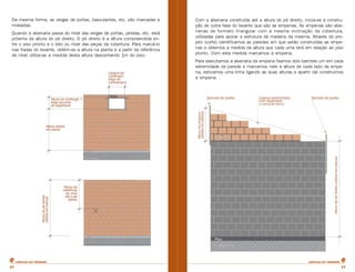 CARTILHA DO PEDREIROCARTILHA DO PEDREIRO
2727
Da mesma forma, as vergas de portas, basculantes, etc. são marcadas e
niveladas.
Quando a alvenaria passa do nível das vergas de portas, janelas, etc. está
próxima da altura do pé direito. O pé direito é a altura compreendida en-
tre o piso pronto e o teto ou nível das peças da cobertura. Para marcá-lo
nas fiadas do levante, obtém-se a altura na planta e a partir da referência
de nível utiliza-se a medida desta altura descontando 1m do piso.
Com a alvenaria construída até a altura do pé direito, inicia-se a constru-
ção de outra fase do levante que são as empenas. As empenas são alve-
narias de formato triangular com a mesma inclinação da cobertura,
utilizadas para apoiar a estrutura de madeira da mesma. Através do pro-
jeto (corte) identificamos as paredes em que serão construídas as empe-
nas e obtemos a medida da altura que cada uma terá em relação ao piso
pronto. Com esta medida marcamos a empena.
Para executamos a alvenaria da empena fixamos dois barrotes um em cada
extremidade da parede e marcamos nele a altura de cada lado da empe-
na, esticamos uma linha ligando as duas alturas e apartir daí construimos
a empena.
 