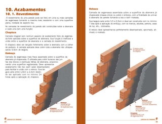 CARTILHA DO PEDREIROCARTILHA DO PEDREIRO
2828
10. Acabamentos
10. 1. Revestimento
O revestimento de uma parede pode ser feito em uma ou mais camadas
de argamassa tornando a mesma mais resistente e com uma superfície
plana, nivelada de aspecto liso.
As camadas de revestimento da parede são construídas sobre a alvenaria
e cada uma tem uma função:
Chapisco
Camada irregular sem nenhum aspecto de acabamento feito de argamas-
sa forte aplicada sobre a superfície de alvenaria. Sua função é melhorar a
união entre a superfície da alvenaria e a camada do revestimento.
O chapisco deve ser lançado fortemente sobre a alvenaria com a colher
de pedreiro. A camada aplicada deve cobrir toda a alvenaria não ultrapas-
sando 0,5cm de largura.
Emboço
Camada de argamassa mais fraca assentada sobre a superfície da
alvenaria já chapiscada. É utilizada para cobrir buracos das jun-
tas dos blocos e eventuais falhas da alvenaria, proporcio-
nando uma superfície regularizada. Deve apresentar
acabamento não liso (sem estar desempolado)
para facilitar a união com o reboco. Sua lar-
gura varia entre 1,0cm a 2,5cm deven-
do ser aplicado com no mínimo 24
horas após a aplicação do chapisco.
Reboco
Camada de argamassa assentada sobre a superfície da alvenaria já
chapiscada (massa única) ou sobre o emboço, com a finalidade de unir-se
à alvenaria da parede tornando-a lisa e bem nivelada.
Sua largura varia entre 1,5 a 2,5cm e deve ser construída com no mínimo
7 dias após a aplicação do emboço, com os marcos, aduelas, peitoris, caixa
de luz, etc., colocados.
O reboco deve apresentar-se perfeitamente desempenado, aprumado, ali-
nhado e nivelado.
 