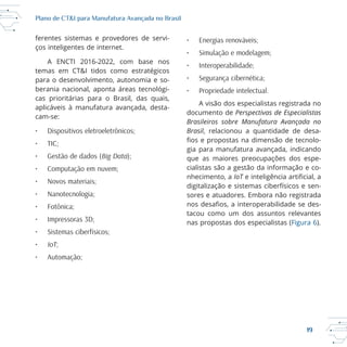 19
Plano de CT&I para Manufatura Avançada no Brasil
ferentes sistemas e provedores de servi
ços inteligentes de internet.
temas em CT&I tidos como estratégicos
para o desenvolvimento, autonomia e so
aplicáveis à manufatura avançada, desta
• Dispositivos eletroeletrônicos;
• TIC;
• Gestão de dados (Big Data);
• Computação em nuvem;
• Novos materiais;
• Nanotecnologia;
• Fotônica;
• Impressoras 3D;
• Sistemas ciberfísicos;
• IoT;
• Automação;
• Energias renováveis;
• Simulação e modelagem;
• Interoperabilidade;
• Segurança cibernética;
• Propriedade intelectual.
A visão dos especialistas registrada no
documento de Perspectivas de Especialistas
Brasileiros sobre Manufatura Avançada no
Brasil, relacionou a quantidade de desa
gia para manufatura avançada, indicando
que as maiores preocupações dos espe
cialistas são a gestão da informação e co
IoT
digitalização e sistemas ciberfísicos e sen
sores e atuadores. Embora não registrada
tacou como um dos assuntos relevantes
nas propostas dos especialistas (Figura 6).
 