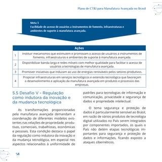 58
Plano de CT&I para Manufatura Avançada no Brasil
Ações
1
Instituir mecanismos que estimulem e promovam o acesso de usuários a instrumentos de
fomento, infraestruturas e ambientes de suporte à manufatura avançada.
2
usuários a tecnologias de manufatura avançada.
3 Promover iniciativas que induzam ao uso de energias renováveis pelos setores produtivos.
4 o desenvolvimento e aplicação da manufatura avançada em produtos e processos das
empresas.
como indutora da inovação e
da mudança tecnológica
As transformações proporcionadas
pela manufatura avançada demandam a
coordenação de diferentes modelos exis
tentes nas relações de propriedade, produ
e pessoais. Esta condição destaca o papel
da regulação como indutora da inovação e
aspectos relacionados à uniformidade de
padrões para tecnologias de informação e
comunicação, privacidade e segurança de
dados e propriedade intelectual.
O tema segurança e proteção de
em razão de vários produtos de tecnologia
digital utilizados no País serem integrados
por componentes importados, os quais o
portantes para segurança e proteção de
ataques cibernéticos.
 