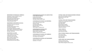 MINISTÉRIO DO TRABALHO E EMPREGO        CONFEDERAÇÃO NACIONAL DA AGRICULTURA   CENTRAL GERAL DOS TRABALHADORES DO BRASIL
Alexandre Furtado Scarpelli Ferreira    E PECUÁRIA DO BRASIL                   Jorge Alves de Almeida Venâncio
Jófilo Moreira Lima Júnior              Camila Soares Braga                    José Juvino da Silva Filho
Junia Maria de Almeida Barreto          Danielle Silva Bernardes               Milton Costa
Rinaldo Marinho Costa Lima              Henrique William Bego Soares
Sônia Maria José Bombardi                                                      CENTRAL ÚNICA DOS TRABALHADORES
Viviane de Jesus Fortes                 CONFEDERAÇÃO NACIONAL DA INDÚSTRIA     Adriana da Luz Rodrigues de Souza
                                        Clovis Veloso de Queiroz Neto          Ana Maria Roeder
MINISTÉRIO DA PREVIDÊNCIA SOCIAL        Emerson Casali                         Dary Beck Filho
Cid Roberto Bertozzo Pimentel           Fernando Coelho Neto                   Juneia Martins Batista
Domingos Lino                           José Luiz Pedro de Barros              Manoel Messias de Melo
Filomena Maria Bastos Gomes             Rodolfo Tavares                        Plinio José Pavão de Carvalho
Joice Alves Cavalcante                  Sylvia Regina Trindade Yano            Siderlei de Oliveira
Luiz Eduardo Alcântara de Melo
Paulo Rogério Albuquerque de Oliveira   CONFEDERAÇÃO NACIONAL DAS              FORÇA SINDICAL
Renata Alexandra de Carvalho Freitas    INSTITUIÇÕES FINANCEIRAS               Armando Henrique
Remigio Todeschini                      Magnus Ribas Apostólico                João Donizzeti Scaboli
                                        Nicolino Eugênio da Silva Júnior
MINISTÉRIO DA SAÚDE                                                            NOVA CENTRAL SINDICAL DOS TRABALHADORES
Carlos Augusto Vaz de Souza             CONFEDERAÇÃO NACIONAL DO COMÉRCIO      Jairo José da Silva
Guilherme Franco Neto                   Alexandre Frederico de Marca           Luis Antonio Festino
Luciana de Assis Amorim                 Luís Sérgio Soares Mamari              José Alves Filho
Marco Antônio Gomes Pérez                                                      Paulo Pimentel
Maria da Graça Hoefel                   CONFEDERAÇÃO NACIONAL DO TRANSPORTE
Roque Manoel Perusso Veiga              Adriana Giuntini Viana                 UNIÃO GERAL DOS TRABALHADORES
Terezinha Reis de Souza Maciel          Geraldo A. B. Vianna                   Cleonice Caetano Souza
                                                                               José Augusto da Silva Filho
                                                                               Neila Tatiane Nogueira Duarte Costa
 
