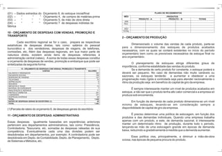 21 14 
PLANO DE RECEBIMENTOS 
MÊS PRODUTOS 
PRODUTO - A PRODUTO – B TOTAIS 
JAN 
FEV. 
... 
DEZ 
TOTAL 
2 –ORÇAMENTODEPRODUÇÃO 
Dimensionado o volume das vendas de cada produto, parte-se 
para o dimensionamento dos estoques de produtos acabados 
necessários, com os quais se contará existentes no início do período 
orçamentário bem como os previsíveis necessários de estoque final no 
ano orçamentário. 
O planejamento de estoques atinge diferentes graus de 
importância, conforme estabilidade das vendas do produto. 
Se a demanda de certo produto for constante, o estoque poderá e 
deverá ser pequeno. No caso de demandas não muito variáveis ou 
sazonais, os estoques tenderão a aumentar e obedecer a uma 
programação mais rígida e controlada seja para atender racionalmente o 
ritmo da produção seja embenefício do capital de giro da empresa. 
É sempre interessante manter um nível de produtos acabados em 
estoque, a não ser que o produto tenha alto valor comercial e a empresa só 
produza sob encomenda. 
Em função da demanda de cada produto dimensiona-se um nível 
mínimo de estoques, levando-se em consideração sempre a 
disponibilidade de capital de giro da empresa. 
É preciso determinar uma política de estocagem, em função dos 
produtos e das demandas individuais. Quando uma empresa trabalha 
apenas com um produto, e este, de demanda sazonal, é interessante 
manter um determinado ritmo de produção, durante todo o período, 
lançando-se mão de uma estocagem grande em épocas de demanda 
baixa, reduzindo-a gradativamente à medida que a demanda aumentar. 
Essa política visa, principalmente, a diminuir a mão-de-obra 
ociosa, nas épocas de pequena procura do produto. 
(01) – Dados extraídos do Orçamento 8, do estoque inicial/final 
(02) – “ “ “ Orçamento 4, de compra de matérias-prima 
(03) – “ “ “ Orçamento 5, de mão de obra direta 
(04) – “ “ “ Orçamento 7 de despesas indiretas da 
fábrica 
10 - ORÇAMENTO DE DESPESAS COM VENDAS, PROMOÇÃO E 
TRANSPORTE 
Cada escritório regional se for o caso, prepara as respectivas 
estatísticas de despesas diretas, tais como: salários do pessoal 
burocrático e dos vendedores, despesas de viagens, de telefones, 
comissões, etc. Além das despesas regionais, em sua maior parte de 
natureza direta, existem ainda itens de despesas referentes à 
administração central (rateio), A soma de todas essas despesas constitui 
o orçamento de despesas de vendas, promoção e embarque que pode ser 
sintetizadas da seguinte forma: 
10 - ORÇAMENTO DE DESPESAS COM VENDAS, PROMOÇÃO E TRANSPORTE 
CONTAS VALORES 
SALÁRIOS E ORDENADOS 392 
ENCARGOS SOCIAIS 196 
DESPESAS DE VIAGENS 101 
TELEFONES 70 
DEPRECIAÇÃO 8 
SEGUROS 7 
IMPOSTOS E TAXAS 10 
MATERIAL DE EXPEDIENTE 7 
MANUTENÇÃO E REPAROS 11 
FRETES E CARRETOS 201 
COMISSÕES 377 
DESPESAS DIVERSAS 58 
TOTAL 1.438 
RATEIO DE DESPESAS GERAIS DE ESCRITÓRIO (1) 45 
TOTAL 1.483 
(1)Parcela de rateio do orçamento 6, de despesas gerais do escritório 
11 -ORÇAMENTODEDESPESAS ADMINISTRATIVAS 
Essas despesas igualmente baseadas em experiências anteriores 
pertencem aos departamentos administrativos, tais como: Presidência, 
Controladoria, Tesouraria, etc. somadas às despesas rateadas de sua 
competência. Eventualmente cada uma das divisões podem ser 
desdobradas em departamentos, por exemplo: A controladoria pode ser 
desdobrada em Depto. de Contabilidade, Depto. de Planejamento, Depto. 
de Sistemas e Métodos, etc. 
 