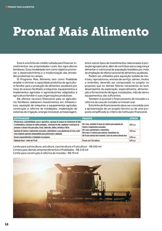 12
PRONAF MAIS ALIMENTOS
Esta é uma linha de crédito voltada para financiar in-
vestimentos nas propriedades rurais dos agricultores
familiares. Essa modalidade tem como objetivo promo-
ver o desenvolvimento e a modernização das ativida-
des produtivas no campo.
O Programa Mais Alimento tem como finalidade
ampliar e otimizar a capacidade produtiva da agricultu-
ra familiar para a produção de alimentos saudáveis por
meio do acesso facilitado a máquinas, equipamentos e
implementos agrícolas e agroindustriais adaptados à
agricultura familiar e suas organizações produtivas.
Ele oferece recursos financeiros para os agriculto-
res familiares realizarem investimentos em infraestru-
tura, aquisição de máquinas e equipamentos agrícolas,
construção e reforma de instalações, implantação de
sistemas de irrigação, energia renovável, armazenagem,
entre outros tipos de investimentos relacionados à pro-
dução agropecuária, além de contribuir para a segurança
alimentar e nutricional da população brasileira por meio
da ampliação da oferta nacional de alimentos saudáveis.
Podem ser utilizados para aquisição isolada de ma-
trizes, reprodutores, animais de serviço, sêmen, óvulos
e embriões, devendo ser comprovado no projeto ou
proposta que os demais fatores necessários ao bom
desempenho da exploração, especialmente, alimenta-
ção e fornecimento de água, instalações, mão de obra e
equipamentos, são suficientes.
Também é possível o financiamento de moradia e a
reforma da casa de moradia no imóvel rural.
Esta linha de financiamento deve ser concedida com
a apresentação de um projeto técnico ou de uma pro-
posta simplificada (a critério da instituição financeira).
Limite para suinocultura, avicultura, carcinicultura e fruticultura - R$ 420 mil
Limites para demais empreendimentos e finalidades - R$ 210 mil
Limite para construção e reforma de moradia - R$ 70 mil
Pronaf Mais Alimento
ATIVIDADES PRAZOS JUROS
Infraestrutura, sustentabilidade, pesca e aquicultura, aquisição de tanques de resfriamento de leite
e ordenhadeiras, estruturas de cultivo protegido, construção de silos, ampliação e construção de
armazéns e câmaras frias para grãos, frutas, tubérculos, bulbos, hortaliças e fibras
Até 7 anos, incluindo 14 meses de carência para aquisição de
tratores e implementos associados
Até 5 anos caminhonetes e motocicletas
Até 8 anos e 3 carência para matrizes, reprodutores etc.
Até 10 anos demais itens incluindo 3 anos de carência demais itens
4,0% a.a.
Aquisição de tratores e implementos associados, colheitadeiras e suas plataformas de corte, assim
como máquinas agrícolas autopropelidas para pulverização e adubação
5,0% a.a.
Demais empreendimentos e finalidades do programa 6,0% a.a
Habitação Rural - Limite até 70 mil 10 anos com 3 de carência 6,0% a.a
 