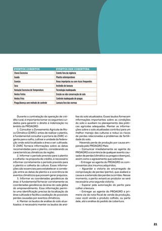 21
Durante a contratação da operação de cré-
dito rural, é importante tomar os seguintes cui-
dados para garantir o direito à indenização no
âmbito do PROAGRO:
1. Consultar o Zoneamento Agrícola de Ris-
co Climático (ZARC): antes de realizar o plantio,
é fundamental consultar a portaria de ZARC vi-
gente para a safra, cultivar e unidade da federa-
ção onde está localizada a área a ser cultivada.
O ZARC fornece informações sobre as datas
recomendadas para o plantio, considerando as
características climáticas da região.
2. Informar o período previsto para o plantio
e colheita: na proposta de crédito, é necessário
informar corretamente o período previsto para
o plantio e colheita da cultura. Essas informa-
ções são essenciais para estabelecer a correla-
ção entre as datas de plantio e a ocorrência de
eventosclimáticosquepossamgerarprejuízos.
3. Informar as coordenadas geodésicas da
área: é fundamental fornecer corretamente as
coordenadas geodésicas da área de cada gleba
do empreendimento. Essa informação permi-
te uma identificação precisa da localização da
área cultivada e facilita a avaliação de possíveis
perdas causadas por eventos climáticos.
4. Manter os laudos de análise do solo atua-
lizados: é necessário manter os laudos de aná-
lise do solo atualizados. Esses laudos fornecem
informações importantes sobre as condições
do solo e auxiliam no planejamento das práti-
cas agrícolas adequadas. Manter as informa-
ções sobre o solo atualizadas contribui para um
melhor manejo das culturas e reduz os riscos
de perdas relacionadas a problemas de fertili-
dade do solo.
Havendo perda de produção por causa am-
parada pelo PROAGRO Mais:
- Comunicar imediatamente ao agente do
PROAGROaocorrênciadequalquereventocau-
sadordeperdas(climáticooupragasedoenças),
assim como o agravamento que sobrevier.
- Entregar ao agente do PROAGRO os com-
provantes dos insumos adquiridos.
- Aguardar a vistoria do encarregado da
comprovação de perdas (perito), que avaliará a
causaeaextensãodasperdasocorridas.Nesse
momento, o perito avisará ao produtor se será
necessária uma segunda vistoria.
- Esperar pela autorização do perito para
colher a lavoura.
- Entregar ao agente do PROAGRO a pri-
meira via da nota fiscal de venda da produção,
caso você venda o produto colhido, ou parte
dele, até a análise do pedido de cobertura.
EVENTOS COBERTOS EVENTOS SEM COBERTURA
Chuva Excessiva Evento fora da vigência
Geada Plantio extemporâneo
Granizo Áreas impróprias ou com riscos frequentes
Seca Incêndio de lavoura
Variação Excessiva de Temperatura Tecnologia inadequada
Ventos Fortes Erosão ou não conservação de solo
Ventos Frios Controle inadequado de pragas
Praga/doença sem método de controle Lavoura fora das normas
 