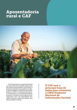 29
O CAF desempenha um papel fundamental
na comprovação das atividades agropecuárias
para efeitos de aposentadoria rural. Portanto, é
deextremaimportânciaquesejafeitoumregis-
tro fiel da realidade e condição dos agricultores
familiares. O CAF é o documento que permiti-
rá aos agricultores e às agricultoras familiares
acessarem os benefícios da previdência social,
assegurando assim uma aposentadoria ade-
quada e justa para aqueles que dedicam suas
vidas ao trabalho no campo.
Aposentadoria
rural e CAF
O CAF será a
principal base de
dados para alimentar
o CNIS (Cadastro
Nacional de
Informações Sociais)
 