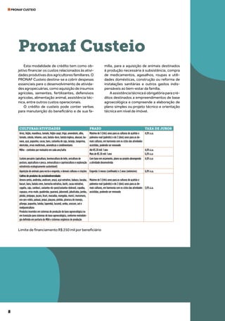 8
PRONAF CUSTEIO
Esta modalidade de crédito tem como ob-
jetivo financiar os custos relacionados às ativi-
dades produtivas dos agricultores familiares. O
PRONAF Custeio destina-se a cobrir despesas
essenciais para o desenvolvimento de ativida-
desagropecuárias,comoaquisiçãodeinsumos
agrícolas, sementes, fertilizantes, defensivos
agrícolas, alimentação animal, assistência téc-
nica, entre outros custos operacionais.
O crédito de custeio pode conter verbas
para manutenção do beneficiário e de sua fa-
mília, para a aquisição de animais destinados
à produção necessária à subsistência, compra
de medicamentos, agasalhos, roupas e utili-
dades domésticas, construção ou reforma de
instalações sanitárias e outros gastos indis-
pensáveis ao bem-estar da família.
Aassistênciatécnicaéobrigatóriaparacré-
ditos destinados a empreendimentos de base
agroecológica e compreende a elaboração de
plano simples ou projeto técnico e orientação
técnica em nível de imóvel.
Limite de financiamento R$ 250 mil por beneficiário
Pronaf Custeio
CULTURAS/ATIVIDADES PRAZO TAXA DE JUROS
Arroz, feijão, mandioca, tomate, feijão caupi, trigo, amendoim, alho,
tomate, cebola, inhame, cará, batata-doce, batata inglesa, abacaxi, ba-
nana, açaí, pupunha, cacau, baru, castanha de caju, laranja, tangerina,
olerícolas, ervas medicinais, aromáticas e condimentares
Máximo de 3 (três) anos para as culturas de açafrão e
palmeira-real (palmito) e de 2 (dois) anos para as de-
mais culturas, em harmonia com os ciclos das atividades
assistidas, podendo ser renovado
4,0% a.a.
Milho - contratos por mutuário em cada ano/safra Até R$ 20 mil: 1 ano
Mais de R$ 20 mil: 1 ano
4,0% a.a.
6,0% a.a
Custeio pecuário (apicultura, bovinocultura de leite, avicultura de
postura, aquicultura e pesca, ovinocultura e caprinocultura e exploração
extrativista ecologicamente sustentável)
Com base em orçamento, plano ou projeto abrangendo
a atividade desenvolvida
4,0% a.a
Aquisição de animais para recria e engorda, e demais culturas e criações Engorda: 6 meses (confinado) e 2 anos (extensivo) 6,0% a.a.
Cultivo de produtos da sociobiodiversidade:
Amora-preta, andiroba, araticum, araçá, açaí extrativo, babaçu, bacaba,
bacuri, baru, batata crem, borracha extrativa, buriti, cacau extrativo,
cagaita, caju, cambuci, castanha-do-pará/castanha-dobrasil, copaíba,
cupuaçu, erva-mate, guabiroba, guaraná, jaborandi, jabuticaba, jambu,
jatobá, jenipapo, juçara, licuri, macaúba, mangaba, murici, murumuru,
ora-pro-nóbis, patauá, pequi, piaçava, pinhão, pirarucu de manejo,
pitanga, pupunha, taioba, taperebá, tucumã, umbu, urucum, uxi e
meliponicultora
Produtos inseridos em sistemas de produção de base agroecológica ou
em transição para sistemas de base agroecológica, conforme metodolo-
gia definida em portaria do MDA e sistemas orgânicos de produção
Máximo de 3 (três) anos para as culturas de açafrão e
palmeira-real (palmito) e de 2 (dois) anos para as de-
mais culturas, em harmonia com os ciclos das atividades
assistidas, podendo ser renovado
3,0% a.a.
 