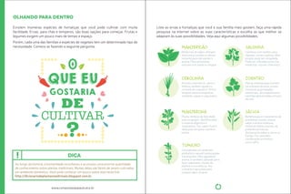 olhando para dentro 
Existem inúmeras espécies de hortaliças que você pode culivar com muita 
facilidade. Ervas, para chás e temperos, são boas opções para começar. Frutas e 
legumes exigem um pouco mais de tempo e espaço. 
Porém, cada uma das famílias e espécies de vegetais tem um determinado ipo de 
necessidade. Comece se fazendo a seguinte pergunta: 
QUE EU 
DE 
CULTIVAR ? 
dica 
04www.compostasaopaulo.eco.br 
Liste as ervas e hortaliças que você e sua família mais gostam, faça uma rápida 
pesquisa na internet sobre as suas caracterísicas e escolha as que melhor se 
adaptam às suas possibilidades. Veja aqui algumas possibilidades: 
o 
GOSTARIA 
MANJERICÃO 
Medicinal, de sabor reinado. 
Adicione a comida no úlimo 
instante para não perder o 
aroma. Para armazenar, 
misture com azeite e congele. 
SALSINHA 
Combina com molhos para 
massas, carnes e peixes. Bem 
picada, pode ser congelada. 
Pode ser uilizada como chá 
medicinal, rica em vitamina C. 
CEBOLINHA 
Rica em vitamina A, cálcio e 
fósforo, também ajuda no 
controle do colesterol. Óimo 
tempero para acompanhar 
omeletes, sopas e cogumelos. 
COENTRO 
Planta uilizada pelo homem 
há milhares de anos, possui 
inúmeras propriedades 
medicinais. Acompanha bem 
comidas apimentadas e frutos 
do mar. 
MANJERONA 
Planta símbolo de felicidade 
para os gregos. Benéica para 
o sistema digesivo e 
respiratório. Seu sabor forte é 
ideal para temperar carnes e 
peixes. 
SÁLVIA 
Benéica para o tratamento de 
problemas bucais, possui 
sabor e aroma intensos. 
Uilize as folhas inteiras, de 
preferência frescas, 
diretamente sobre a carne ou 
frango. Faz uma bela 
combinação aromáica 
com o alho. 
TOMILHO 
Considerado um poderoso 
anibióico natural contra gripes 
e bronquites. Pelo agradável 
aroma, é também uilizado para 
fazer sabonetes, loções de 
banhos e cosméicos. Na 
culinária é apreciada pelo 
notável sabor picante. 
Ao longo da história, a humanidade reconheceu e acumulou uma enorme quanidade 
de conhecimento sobre plantas medicinais. Muitas delas são fáceis de serem culivadas 
em ambiente domésico. Você pode conhecer um pouco sobre elas neste link: 
htp://dicionariodeplantasmedicinais.blogspot.com.br 
 