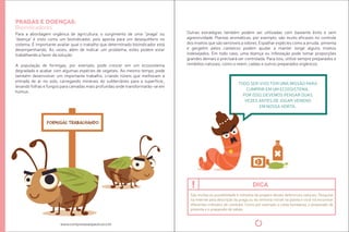 dica 
São muitas as possibilidade e métodos de preparo destes defensivos naturais. Pesquise 
na internet pela descrição da praga ou do sintoma visível na planta e você irá encontrar 
diferentes métodos de combate. Como por exemplo a calda bordalesa, o preparado de 
pimenta e o preparado de sabão. 
Pragas e doenças: 
Bioindicadores 
Para a abordagem orgânica de agricultura, o surgimento de uma “praga” ou 
“doença” é visto como um bioindicador, pois aponta para um desequilíbrio no 
sistema. É importante avaliar qual o trabalho que determinado bioindicador está 
desempenhando. Às vezes, além de indicar um problema, estes podem estar 
trabalhando a favor da solução. 
A população de formigas, por exemplo, pode crescer em um ecossistema 
degradado e acabar com algumas espécies de vegetais. Ao mesmo tempo, pode 
também desenvolver um importante trabalho, criando túneis que melhoram a 
entrada de ar no solo, carregando minerais do subterrâneo para a superície,, 
levando folhas e fungos para camadas mais profundas onde transformarão-se em 
húmus . 
www.compostasaopaulo.eco.br 
Outras estratégias também podem ser uilizadas com bastante êxito e sem 
agressividade. Plantas aromáicas, por exemplo, são muito eicazes no controle 
dos insetos que são sensíveis a odores. Espalhar espécies como a arruda, pimenta 
e gergelim pelos canteiros podem ajudar a manter longe alguns insetos 
indesejados. Em todo caso, uma doença ou infestação pode tomar proporções 
grandes demais e precisará ser controlada. Para isso, uilize sempre preparados e 
remédios naturais, como o neem, caldas e outros preparados orgânicos. 
TODO SER VIVO TEM UMA MISSÃO PARA 
CUMPRIR EM UM ECOSSISTEMA. 
POR ISSO, DEVEMOS PENSAR DUAS 
VEZES ANTES DE JOGAR VENENO 
EM NOSSA HORTA. 
FORMIGAS TRABALHANDO 
 