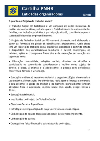 Cartilha PNHR 
Entidades organizadoras 08/2012 
E quanto ao Projeto de trabalho social? 
O Trabalho Social em habitação é um conjunto de ações inclusivas, de 
caráter sócio-educativas, voltadas para o fortalecimento da autonomia das 
famílias, sua inclusão produtiva e participação cidadã, contribuindo para a 
sustentabilidade dos empreendimentos. 
O Projeto de Trabalho Social ou PTS como é chamado, será elaborado a 
partir da formação do grupo de beneficiários proponentes. Cada grupo 
terá um Projeto de Trabalho Social específico, elaborado a partir do estudo 
e diagnóstico das características familiares e deverá contemplar, no 
mínimo, ações e cronograma financeiro e de execução em relação aos 
seguintes itens: 
• Educação comunitária, relações sociais, direitos do cidadão e 
participação na comunidade considerando a mulher como sujeito de 
direito, o idoso, a criança e o adolescente, a pessoa com deficiência, 
convivência ffaammiilliiaarr ee vviizziinnhhaannççaa.. 
• Educação ambiental, impacto ambiental e pegada ecológica da moradia e 
seu entorno, alimentação, lixo doméstico, reciclagem e limpeza da moradia 
e seu entorno; e saúde da mulher e do homem, planejamento familiar, 
atividade física e obesidade, melhor idade com saúde, drogas lícitas e 
ilícitas; 
• Educação patrimonial. 
• Justificativa do Projeto de Trabalho Social. 
• Objetivos Gerais e Específicos. 
• Estratégias de implantação do projeto em todas as suas etapas. 
• Composição da equipe técnica responsável pelo empreendimento. 
• Composição de custos. 
• Cronograma físico-financeiro para execução do Projeto. 
12 
 