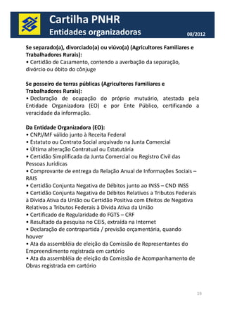 Cartilha PNHR 
Entidades organizadoras 08/2012 
Se separado(a), divorciado(a) ou viúvo(a) (Agricultores Familiares e 
Trabalhadores Rurais): 
• Certidão de Casamento, contendo a averbação da separação, 
divórcio ou óbito do cônjuge 
Se posseiro de terras públicas (Agricultores Familiares e 
Trabalhadores Rurais): 
• Declaração de ocupação do próprio mutuário, atestada pela 
Entidade Organizadora (EO) e por Ente Público, certificando a 
veracidade da informação. 
Da Entidade Organizadora (EO): 
• CNPJ/MF válido junto à Receita Federal 
• Estatuto ou Contrato Social arquivado na Junta Comercial 
• Última alteração Contratual ou Estatutária 
• Certidão Simplificada da Junta Comercial ou Registro Civil das 
19 
Pessoas Jurídicas 
• Comprovante de entrega da Relação Anual de Informações Sociais – 
RAIS 
• Certidão Conjunta Negativa de Débitos junto ao INSS – CND INSS 
• Certidão Conjunta Negativa de Débitos Relativos a Tributos Federais 
à Dívida Ativa da União ou Certidão Positiva com Efeitos de Negativa 
Relativos a Tributos Federais à Dívida Ativa da União 
• Certificado de Regularidade do FGTS – CRF 
• Resultado da pesquisa no CEIS, extraída na Internet 
• Declaração de contrapartida / previsão orçamentária, quando 
houver 
• Ata da assembléia de eleição da Comissão de Representantes do 
Empreendimento registrada em cartório 
• Ata da assembléia de eleição da Comissão de Acompanhamento de 
Obras registrada em cartório 
 