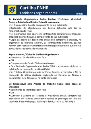 Cartilha PNHR 
Entidades organizadoras 08/2012 
Se Entidade Organizadora Poder Público (Prefeitura Municipal, 
Governo Estadual ou Distrito Federal), acrescentar: 
• Lei Orçamentária Anual e comprovante de sua publicação 
• Declaração de atendimento aos limites definidos pela Lei de 
Responsabilidade Fiscal 
• Lei Autorizativa para aporte de contrapartida complementar (recursos 
próprios), quando houver, e comprovante de sua publicação 
• Cópia da página de documento oficial que comprova a previsão, no 
orçamento do exercício anterior, da contrapartida financeira, quando 
houver, com rubrica orçamentária com indicação do projeto, subprojeto, 
atividade ou sub-atividade relacionada 
Representantes/Sócios da Entidade Organizadora: 
• Documento de Identidade com foto 
• CPF 
• Comprovante de Estado Civil e de endereço 
• Se a Entidade Organizadora for Poder Público acrescentar diploma ou 
publicação da nomeação no diário Oficial 
• Se Entidade Organizadora não for Poder Público, acrescentar a Ata da 
nomeação da última diretoria, registrada no Cartório de Títulos e 
Documentos e, se for o caso, na Junta Comercial 
Do Responsável pelo Projeto de Trabalho Social (para todas as 
situações) 
• Documento de Identidade com foto 
• CPF 
• Currículo e Carteira de Trabalho e Previdência Social, comprovando 
experiência em trabalho comunitário e posse de graduação em uma das 
seguintes áreas: Pedagogia; Sociologia; Serviço social ou Psicologia 
20 
 