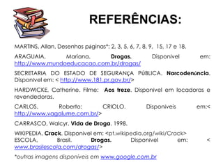 REFERÊNCIAS:

MARTINS, Allan. Desenhos páginas*: 2, 3, 5, 6, 7, 8, 9, 15, 17 e 18.
ARAGUAIA,       Mariana.     Drogas.                  Disponível       em:
http://www.mundoeducacao.com.br/drogas/
SECRETARIA DO ESTADO DE SEGURANÇA PÚBLICA. Narcodenúncia.
Disponível em: < http://www.181.pr.gov.br/>
HARDWICKE, Catherine. Filme:       Aos treze. Disponível em locadoras e
revendedoras.
CARLOS,       Roberto;       CRIOLO.                Disponíveis        em:<
http://www.vagalume.com.br/>
CARRASCO, Walcyr. Vida de Droga. 1998.
WIKIPEDIA. Crack. Disponível em: <pt.wikipedia.org/wiki/Crack>
ESCOLA,        Brasil.     Drogas.        Disponível       em:            <
www.brasilescola.com/drogas/>
*outras imagens disponíveis em www.google.com.br
 