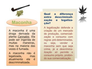 Qual a diferença
                       entre descriminali-
                       zação e legaliza-
  Maconha              ção?
                       A legalização defende a
A maconha é uma        criação de um mercado
droga derivada da      de produção, comerciali-
planta Cannabis. Ela   zação e consumo com
pode ser ingerida de   regras pré-determinadas,
muitas     maneiras,   ou seja, vender a
mas na maioria das     maconha sem que seja
vezes é fumada.        crime, já a descrimina-
A maconha não é        lização só permite o
legalizada,      mas   consumo próprio, proibin-
atualmente ela é       do sua comercialização.
descriminalizada.
 