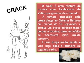 O crack é uma mistura da
cocaína com bicabornato de
sódio, que geralmente é fumado.
    A fumaça produzida pela
droga chega ao Sistema Nervoso
em menos de 10 segundos, e
produz um efeito eufórico maior
do que a cocaína. Logo, um efeito
de depressivo mais rápido
também.
    É uma droga muito barata e
vicia logo após a primeira ou
segunda pedra.
 