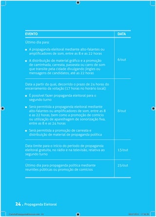 Tribunal Regional Eleitoral de Pernambuco




                evento                                                     DATA

                Último dia para:

                 	 A propaganda eleitoral mediante alto-falantes ou
                   amplificadores de som, entre as 8 e as 22 horas

                 	 A distribuição de material gráfico e a promoção         6/out
                   de caminhada, carreata, passeata ou carro de som
                   que transite pela cidade divulgando jingles ou
                   mensagens de candidatos, até as 22 horas


                Data a partir da qual, decorrido o prazo de 24 horas do
                encerramento da votação (17 horas no horário local):

                 	 É possível fazer propaganda eleitoral para o
                   segundo turno

                 	 Será permitida a propaganda eleitoral mediante
                   alto-falantes ou amplificadores de som, entre as 8      8/out
                   e as 22 horas, bem como a promoção de comício
                   ou utilização de aparelhagem de sonorização fixa,
                   entre as 8 e as 24 horas

                 	 Será permitida a promoção de carreata e
                   distribuição de material de propaganda política


                Data limite para o início do período de propaganda
                eleitoral gratuita, no rádio e na televisão, relativa ao   13/out
                segundo turno


                Último dia para propaganda política mediante               25/out
                reuniões públicas ou promoção de comícios




      24 . Propaganda Eleitoral
CartilhaPropagandaEleitoral.indd 24                                                 06/07/2012 17:56:39
 